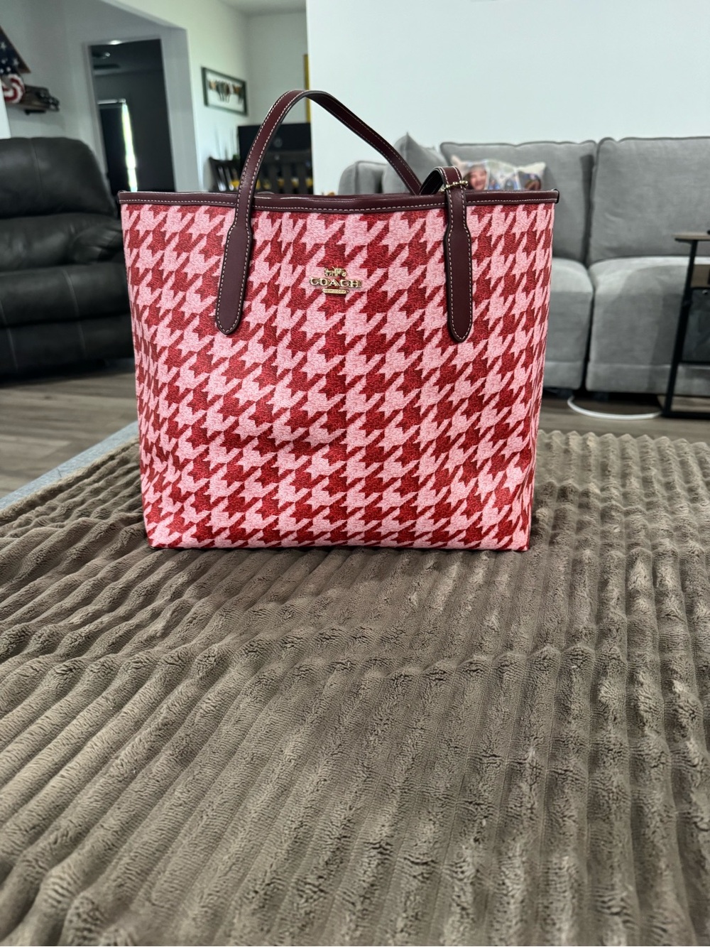 Coach Red and Pink Houndstooth Tote